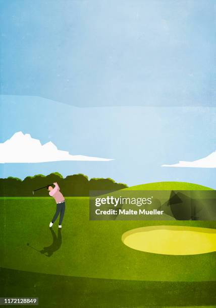 man golfing on sunny golf course - driver front view stock illustrations