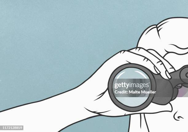 close up woman using binoculars - fernglas stock-grafiken, -clipart, -cartoons und -symbole