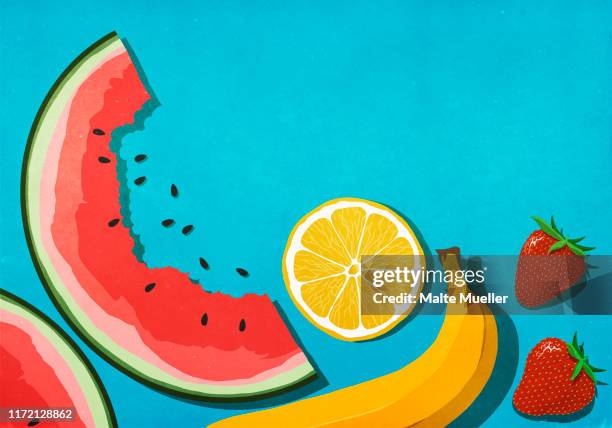 ilustrações, clipart, desenhos animados e ícones de fresh, juicy fruits on blue background - melancia