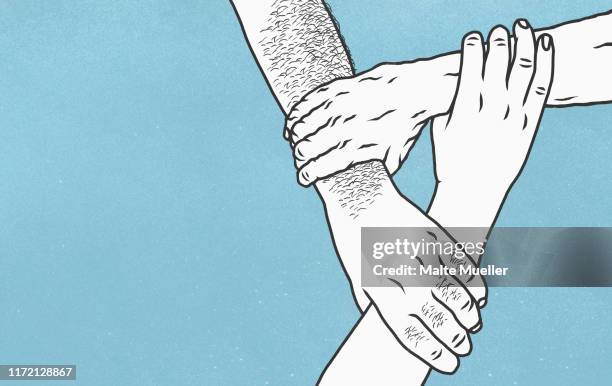 ilustraciones, imágenes clip art, dibujos animados e iconos de stock de hands holding wrists in support - manos entrelazadas