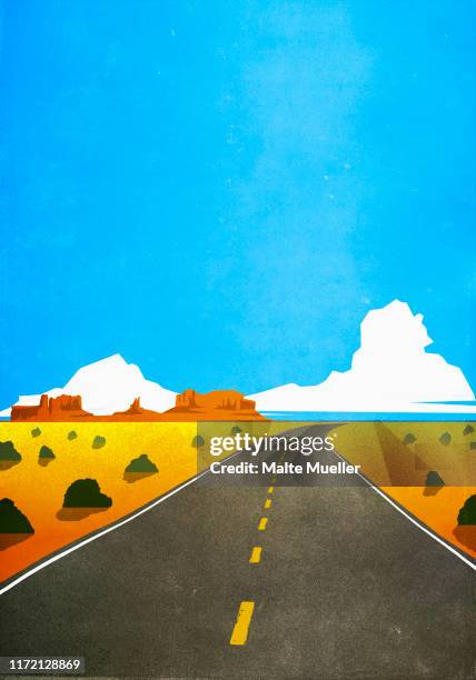 road through remote, arid desert landscape - road trip stock illustrations