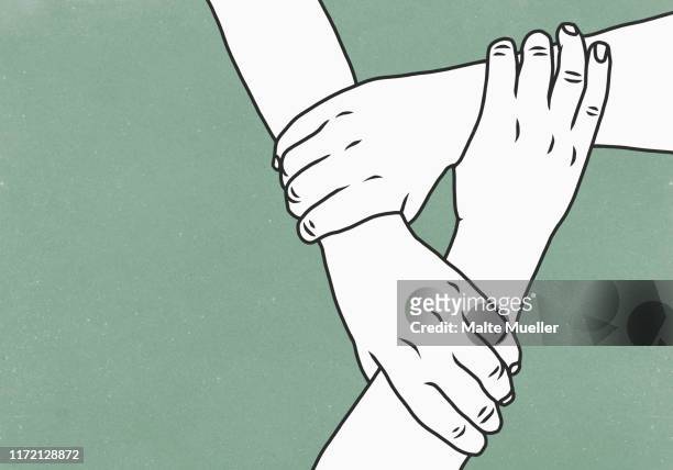 hands holding wrists in support - drei personen stock-grafiken, -clipart, -cartoons und -symbole