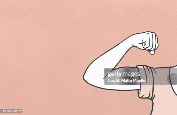 woman flexing biceps muscle - muscular build stock illustrations