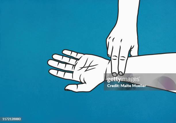 fingers checking pulse on wrist - handgelenk stock-grafiken, -clipart, -cartoons und -symbole
