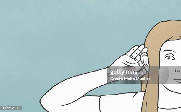 curious woman eavesdropping, cupping ear with hand - deafness stock illustrations