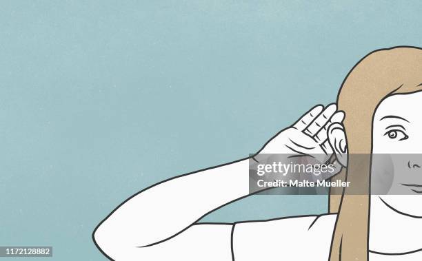 curious woman eavesdropping, cupping ear with hand - hand cupping ear stock illustrations