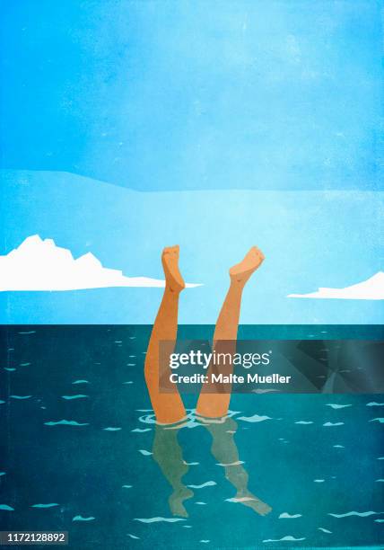 bildbanksillustrationer, clip art samt tecknat material och ikoner med woman doing handstand underwater in ocean - upside down