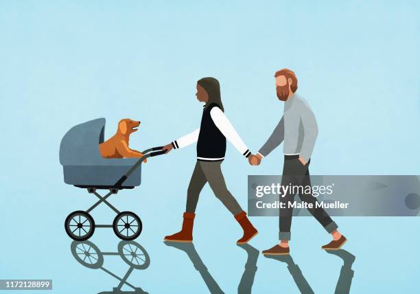 couple holding hands and walking puppy in stroller - stroking dog stock illustrations