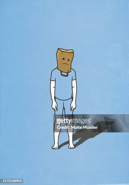 sad man with paper bag over head - depression sadness stock illustrations