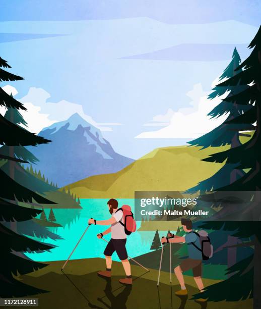 men hiking along scenic lakeside - discovery bags walking stock-grafiken, -clipart, -cartoons und -symbole