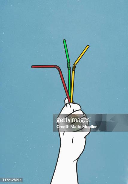 ilustrações, clipart, desenhos animados e ícones de hand holding three straws - palha