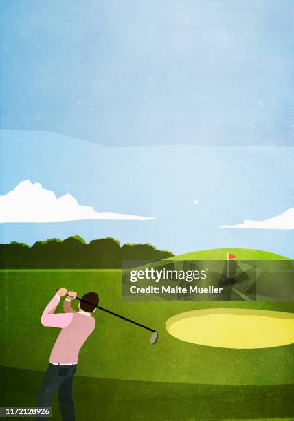 man golfing on sunny golf course - three quarter length stock illustrations