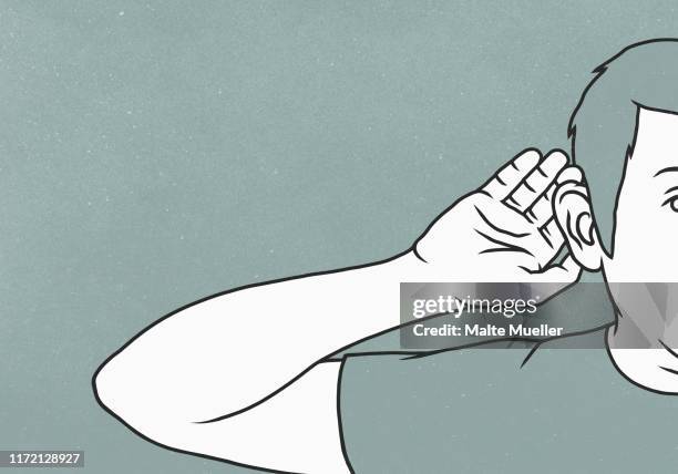 ilustrações, clipart, desenhos animados e ícones de curious man eavesdropping, cupping ear with hand - problemas de comunicação