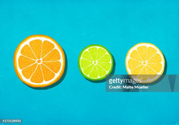 ilustraciones, imágenes clip art, dibujos animados e iconos de stock de vibrant citrus slices on blue background - juicy