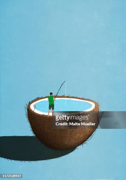 Man fishing inside coconut