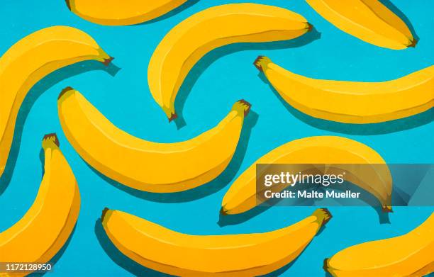 vibrant, unpeeled yellow bananas on blue background - banana点のイラスト素材／クリップアート素材／マンガ素材／アイコン素材