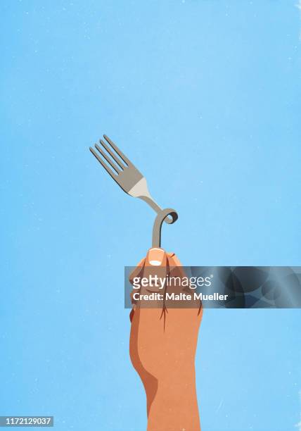 hand holding twisted fork - kromme stock-grafiken, -clipart, -cartoons und -symbole