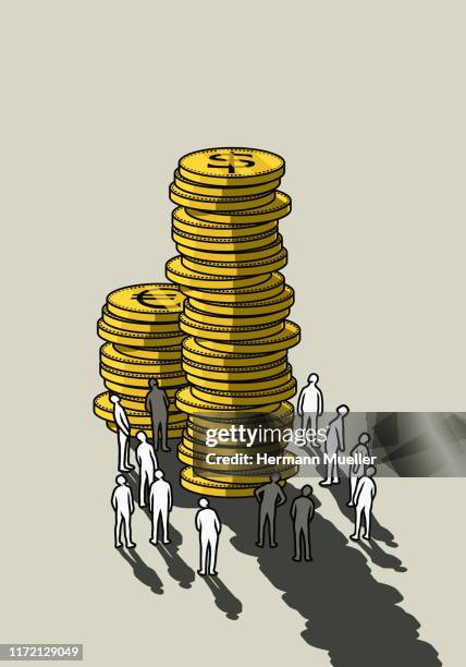 stockillustraties, clipart, cartoons en iconen met people looking up at tall stacks of coins - euro dollar