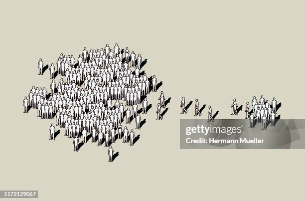 ilustraciones, imágenes clip art, dibujos animados e iconos de stock de people from small group joining crowd - multitud