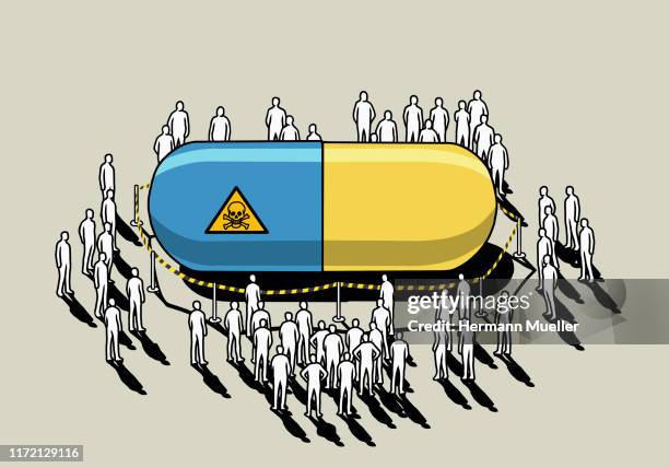 ilustrações de stock, clip art, desenhos animados e ícones de people surrounding dangerous, roped off prescription capsule - indústria farmacêutica