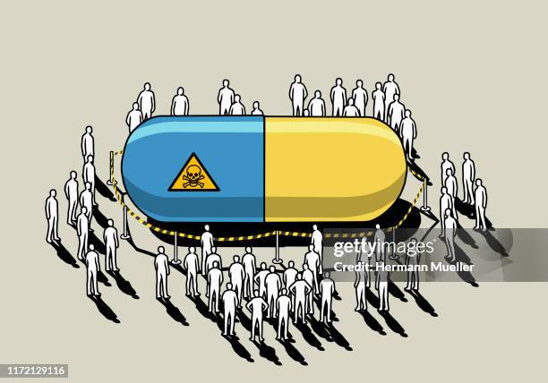 ilustrações, clipart, desenhos animados e ícones de people surrounding dangerous, roped off prescription capsule - poisonous