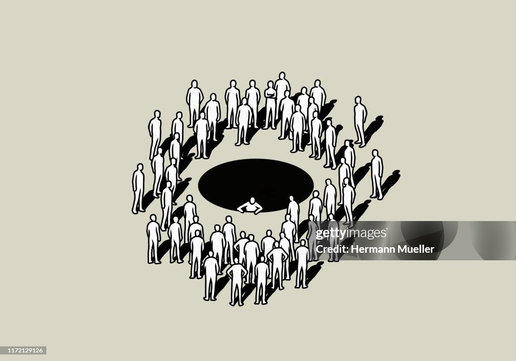 People surrounding black hole with man climbing out