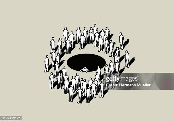 people surrounding black hole with man climbing out - mannen stock-grafiken, -clipart, -cartoons und -symbole