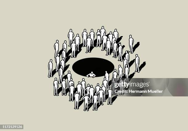 stockillustraties, clipart, cartoons en iconen met people surrounding black hole with man climbing out - vastzitten