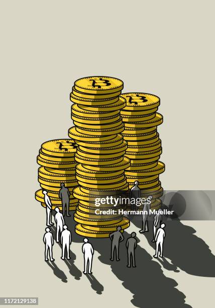 people looking up at tall bitcoin stacks - tall stock illustrations stock illustrations