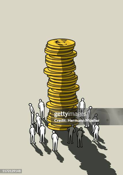 stockillustraties, clipart, cartoons en iconen met people looking up at tall stack of euro coins - welvaart