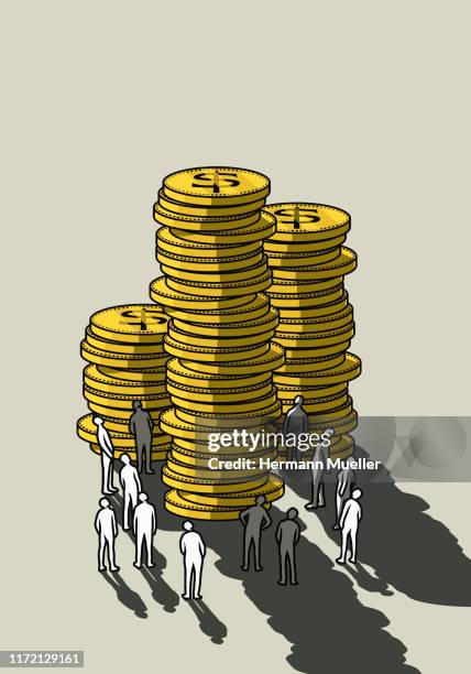 stockillustraties, clipart, cartoons en iconen met people looking up at stacks of tall us currency coins - kapitalisme