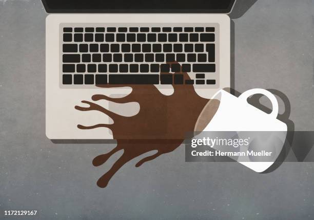 coffee spilling on laptop keyboard - kleckern stock-grafiken, -clipart, -cartoons und -symbole