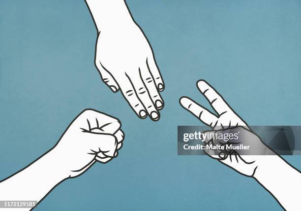 ilustrações de stock, clip art, desenhos animados e ícones de people playing paper, rock, scissors - three people