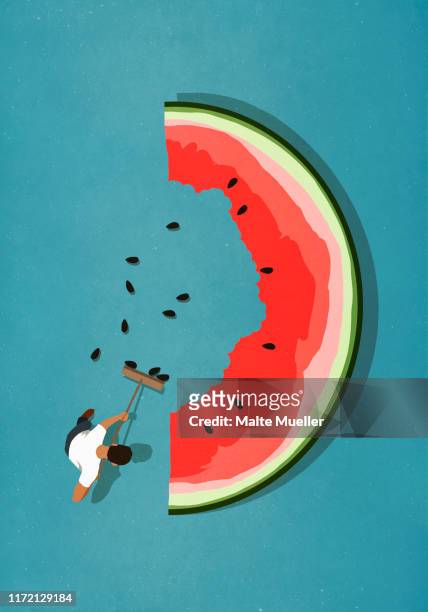 man with broom sweeping seeds from large watermelon slice - 清掃用具 幅插畫檔、美工圖案、卡通及圖標