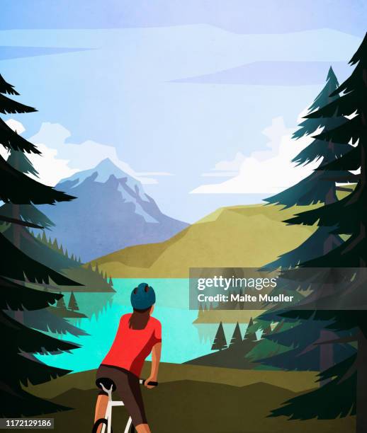 female mountain biker looking at idyllic, tranquil mountain lake view - three quarter length stock illustrations