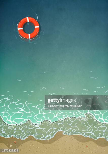 ilustraciones, imágenes clip art, dibujos animados e iconos de stock de life ring floating in ocean water - floating on water