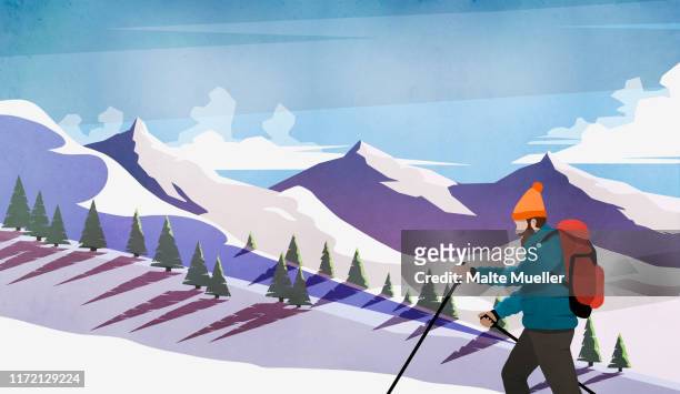 man cross-country skiing among snowy mountains - sonnig stock-grafiken, -clipart, -cartoons und -symbole