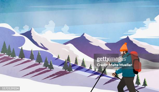 ilustraciones, imágenes clip art, dibujos animados e iconos de stock de man cross-country skiing among snowy mountains - ski slope