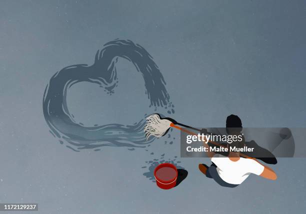 man drawing heart-shape with mop - mops stock-grafiken, -clipart, -cartoons und -symbole