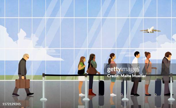 ilustraciones, imágenes clip art, dibujos animados e iconos de stock de people waiting in queue at airport security - waiting