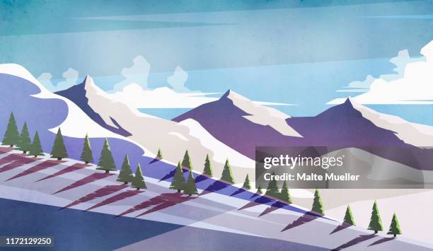 ilustrações, clipart, desenhos animados e ícones de scenic view sunny, snowy mountain landscape - ski slope