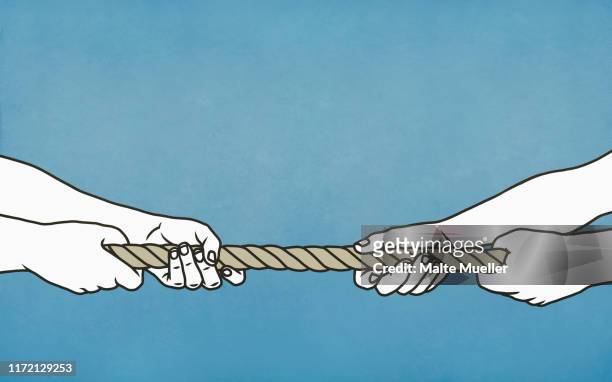 couple playing tug-of-war with rope - konflikt stock-grafiken, -clipart, -cartoons und -symbole