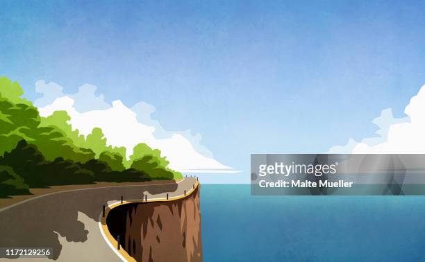 winding cliff road along ocean - seascape stock illustrations