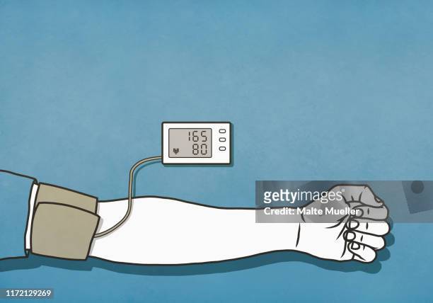 man checking blood pressure with cuff and monitor, high blood pressure - anzeigeinstrument stock-grafiken, -clipart, -cartoons und -symbole