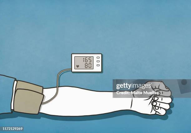 ilustraciones, imágenes clip art, dibujos animados e iconos de stock de man checking blood pressure with cuff and monitor, high blood pressure - indicador de presión sanguínea