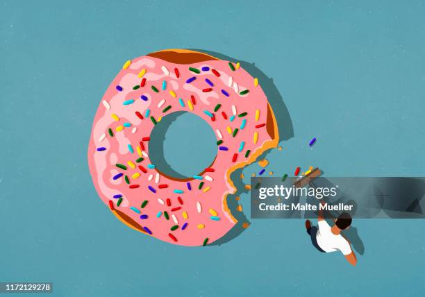 illustrations, cliparts, dessins animés et icônes de man with broom sweeping up donut sprinkles - temptation