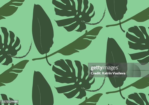 jungle leaf tropical seamless pattern on green background - decorating tree outside stock illustrations