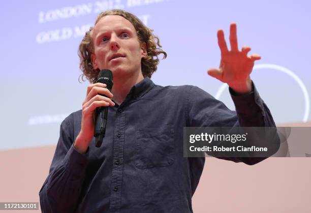 Australian Olympian Steve Hooker speaks to students during the Australian Olympic Change-Maker Event at Victoria University on September 04, 2019 in...