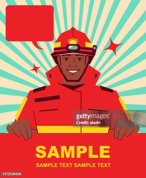 ilustraciones, imágenes clip art, dibujos animados e iconos de stock de sonriendo guapo bombero de etnia africana sosteniendo signo en blanco - trabajador de rescate