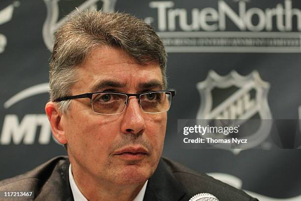 Claude Noel speaks after being named head coach for Winnipeg's new NHL Team at the Westin Minneapolis on June 24, 2011 in Minneapolis, Minnesota.